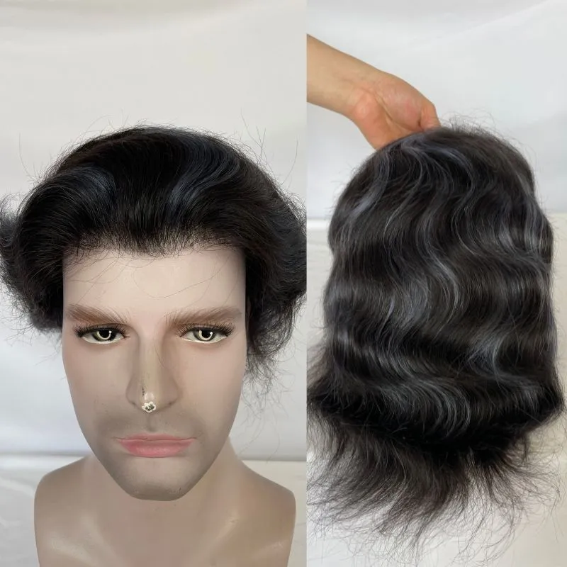 Full PU Super Think Skin 100% Human Hair Toupee for Men 1B Highlight Blue 10x8 Hairpieces Human Hair Mens Toupee Hair System