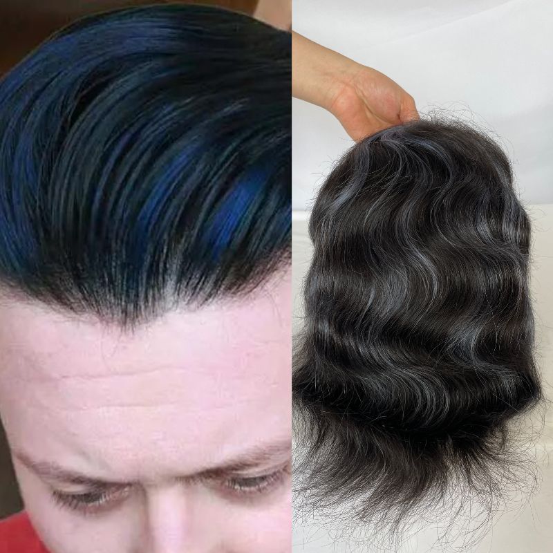 Full PU Super Think Skin 100% Human Hair Toupee for Men 1B Highlight Blue 10x8 Hairpieces Human Hair Mens Toupee Hair System