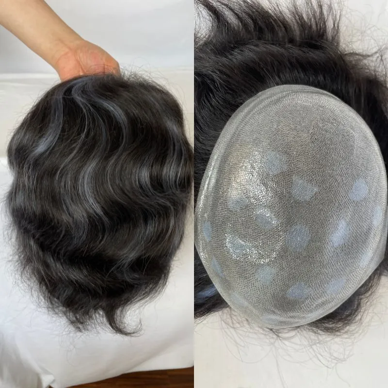 Full PU Super Think Skin 100% Human Hair Toupee for Men 1B Highlight Blue 10x8 Hairpieces Human Hair Mens Toupee Hair System