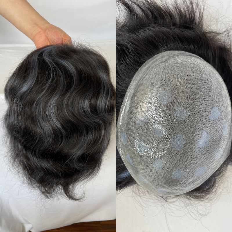 Full PU Super Think Skin 100% Human Hair Toupee for Men 1B Highlight Blue 10x8 Hairpieces Human Hair Mens Toupee Hair System