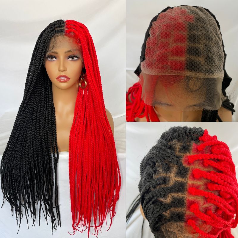 9x6 Lace 36 Inch double Lace Front Box Braided Wigs Half Red Half Black Wigs Knotless Cornrow Braids Lace Frontal Wig Synthetic Black Hand Braided Wigs With Baby Hair for African American Women
