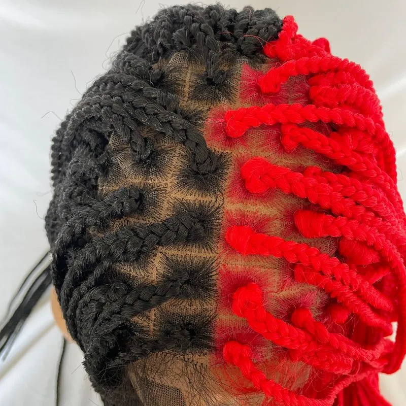 9x6 Lace 36 Inch double Lace Front Box Braided Wigs Half Red Half Black Wigs Knotless Cornrow Braids Lace Frontal Wig Synthetic Black Hand Braided Wigs With Baby Hair for African American Women
