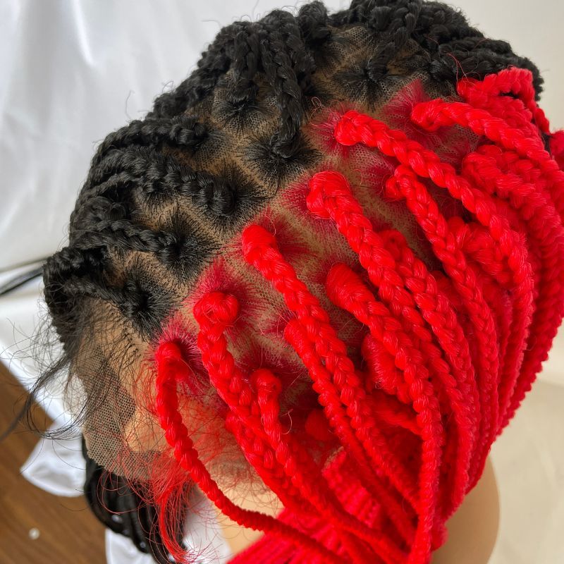 9x6 Lace 36 Inch double Lace Front Box Braided Wigs Half Red Half Black Wigs Knotless Cornrow Braids Lace Frontal Wig Synthetic Black Hand Braided Wigs With Baby Hair for African American Women