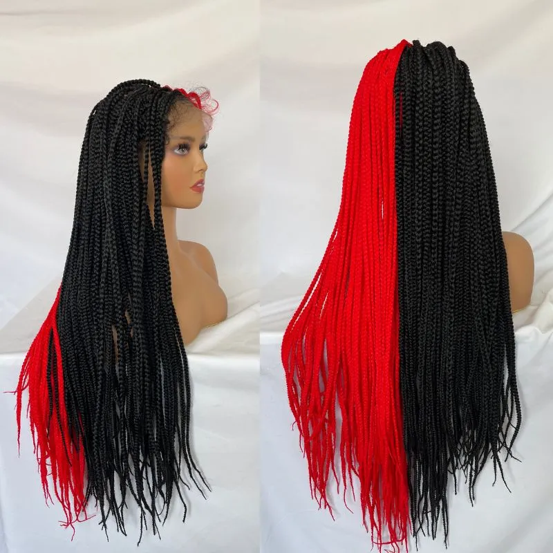 9x6 Lace 36 Inch double Lace Front Box Braided Wigs Half Red Half Black Wigs Knotless Cornrow Braids Lace Frontal Wig Synthetic Black Hand Braided Wigs With Baby Hair for African American Women