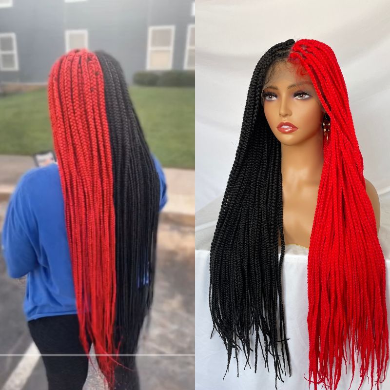 9x6 Lace 36 Inch double Lace Front Box Braided Wigs Half Red Half Black Wigs Knotless Cornrow Braids Lace Frontal Wig Synthetic Black Hand Braided Wigs With Baby Hair for African American Women