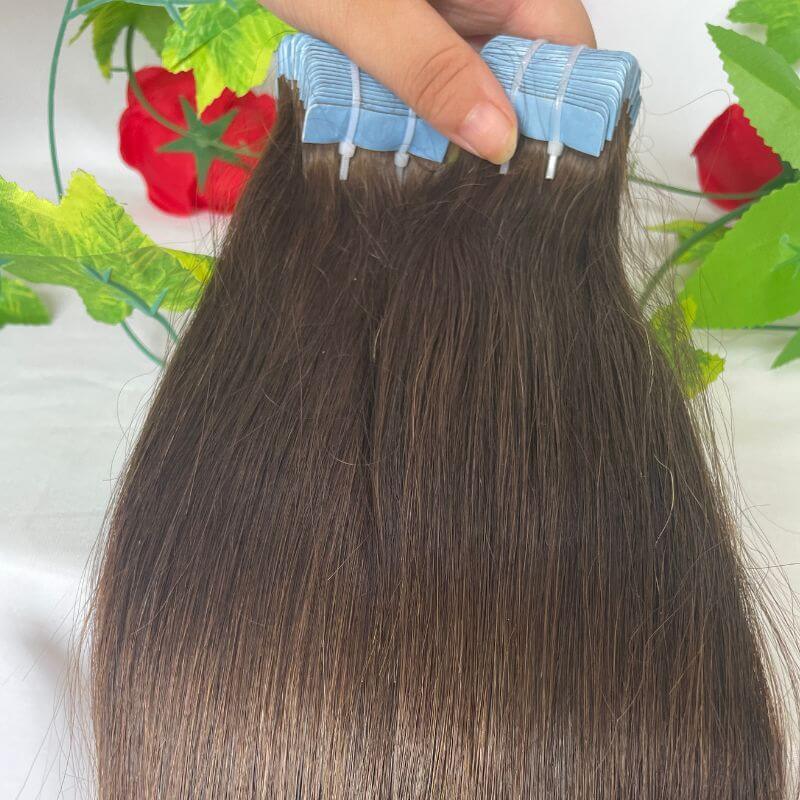 Tape In Hair Extension Adhesive #4 Brown Color  Tape in Hair Extensions 100% Human Cambodian Hair Adhesive Double Siding Straight Tape Ins