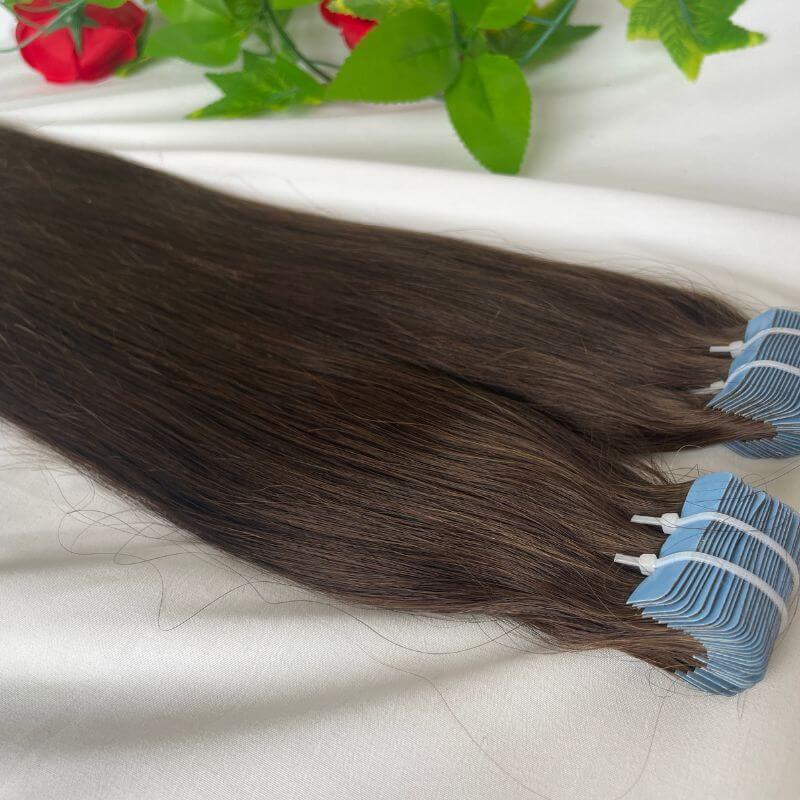 Tape In Hair Extension Adhesive #4 Brown Color  Tape in Hair Extensions 100% Human Cambodian Hair Adhesive Double Siding Straight Tape Ins