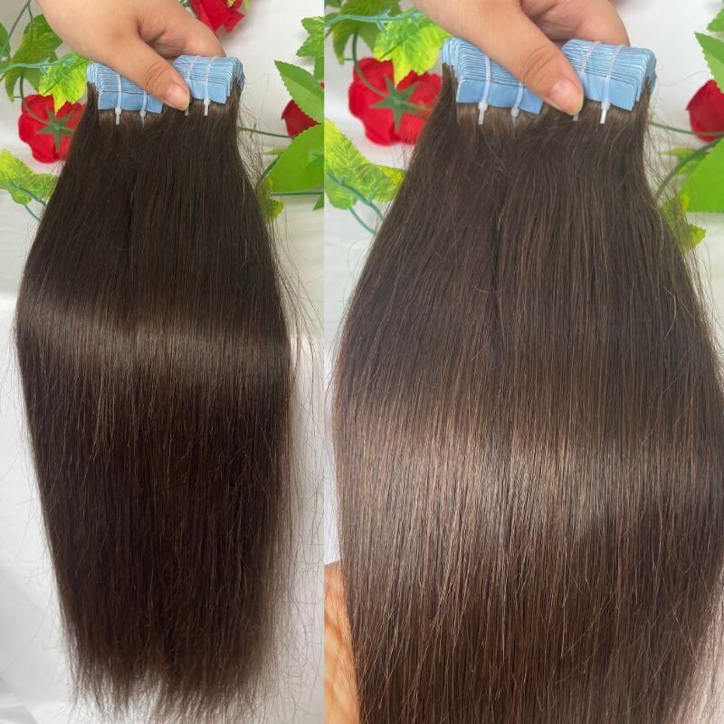 Tape In Hair Extension Adhesive #4 Brown Color  Tape in Hair Extensions 100% Human Cambodian Hair Adhesive Double Siding Straight Tape Ins