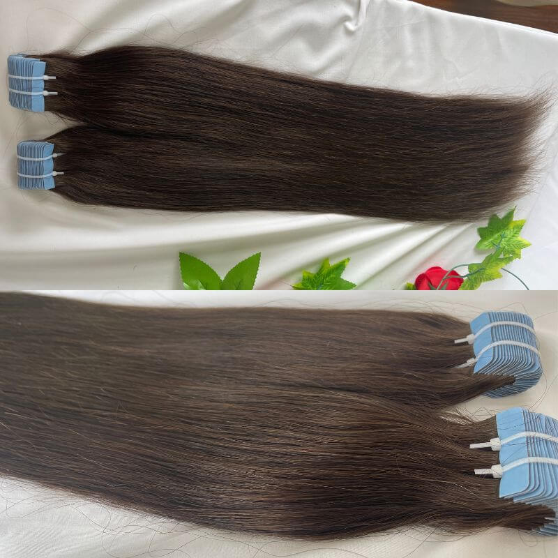 Tape In Hair Extension Adhesive #4 Brown Color  Tape in Hair Extensions 100% Human Cambodian Hair Adhesive Double Siding Straight Tape Ins