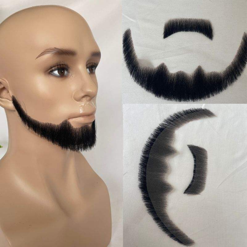 Human Hair Straight Fake Beard Swiss Lace Face Beard And Moustache Real Handmade Light Beard For Men Invisible Beard Realistic Makeup Swiss Lace Base Replace System 1B