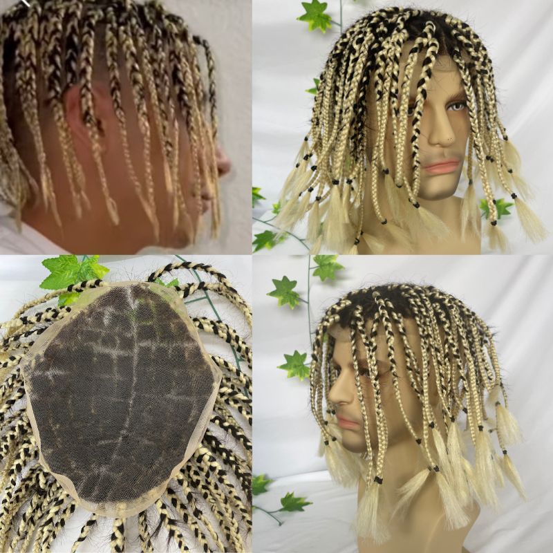 Eseewigs Transparent Full Lace Base Box Braids Toupee For Men Women and Kids 1B Human Hair Mix 613 Blonde Synthetic Hair Length After Braide 10inch