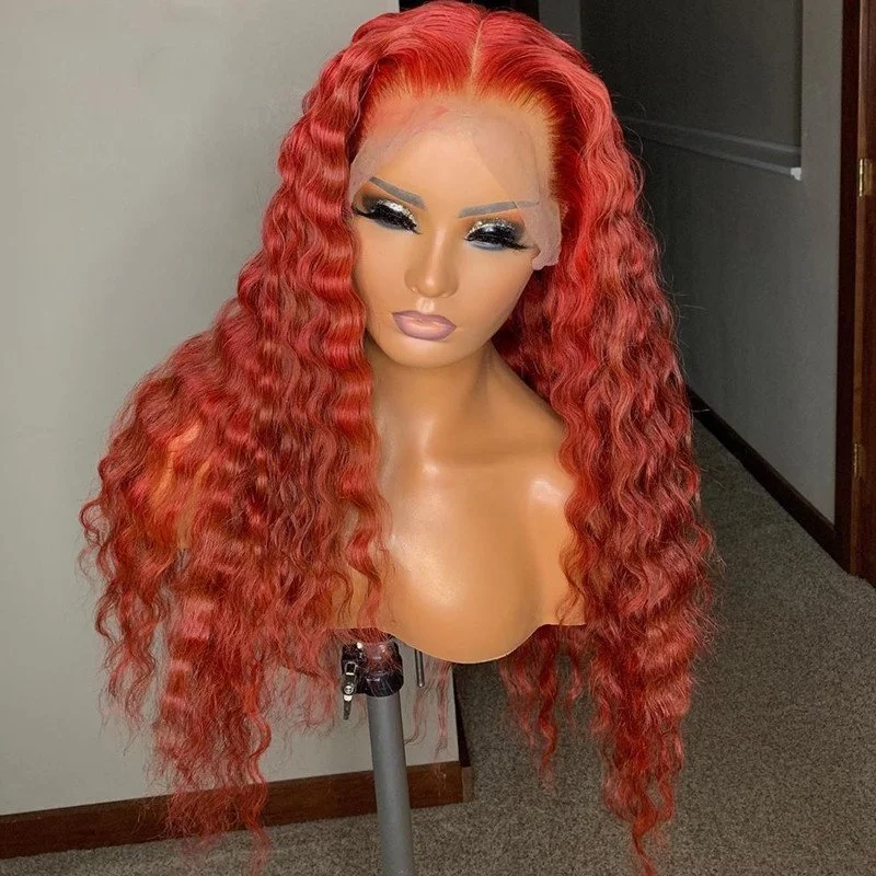 Red Deep Wave Wavy Full Lace Human Hair Wig Brazilian Virgin Curly Lace Front Deep Part Full Lace Wig