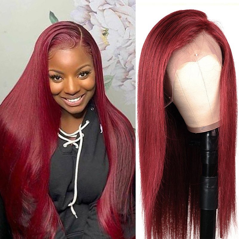 360 Lace Burgundy 99J Red Straight Long Preplucked Straight Brazilian Human Hair Wigs