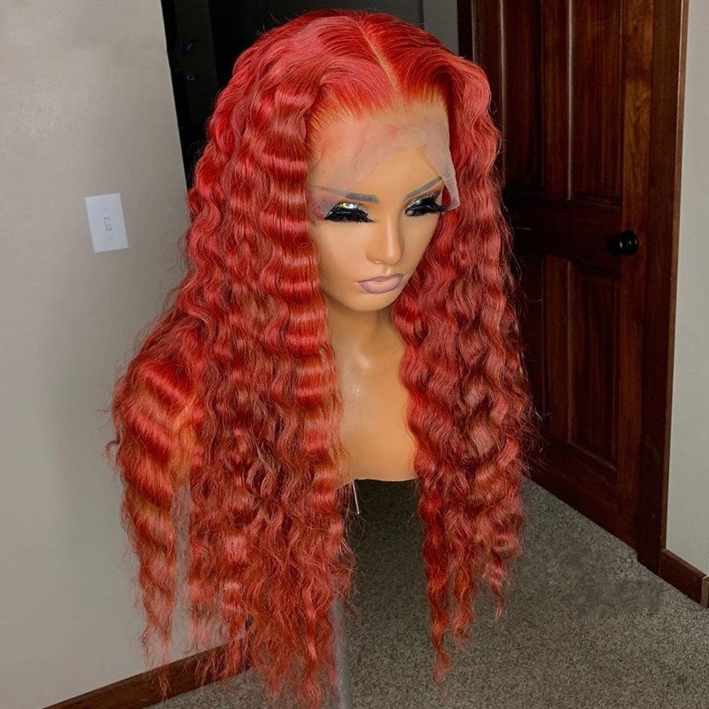 Red Deep Wave Wavy Full Lace Human Hair Wig Brazilian Virgin Curly Lace Front Deep Part Full Lace Wig