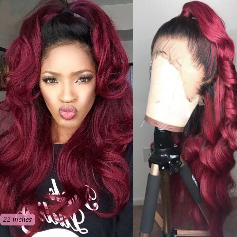 Ombre 1B 99J Body Wave Burgundy Lace Front Brazilian Virgin Human Hair Wig