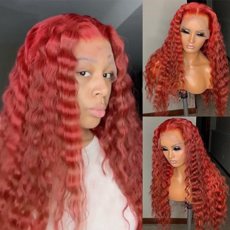 Red Deep Wave Wavy Full Lace Human Hair Wig Brazilian Virgin Curly Lace Front Deep Part Full Lace Wig