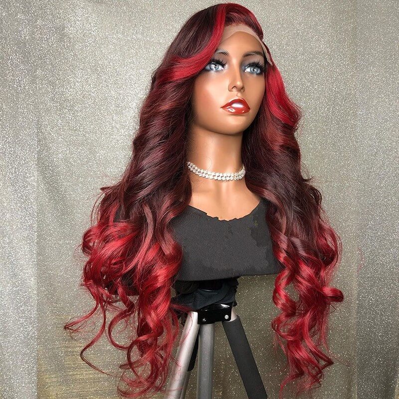 Red Color Lace Front Human Hair Wigs Ombre Red Highlight Burgundy Full Lace Wig