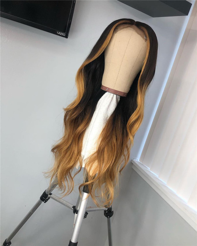 Blonde highlights lace wig Human Virgin Hair Ombre Wave Pre Plucked Lace Front Wig And 13x4x1 T Part Lace Wig For Black Woman-bdfe4d
