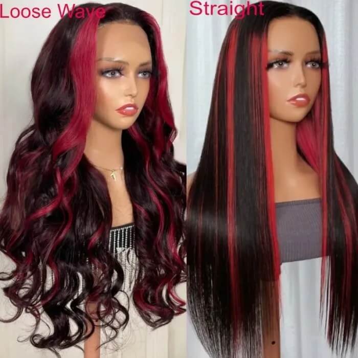 Red Color Lace Front Human Hair Wigs Ombre Red Highlight Burgundy Full Lace Wig