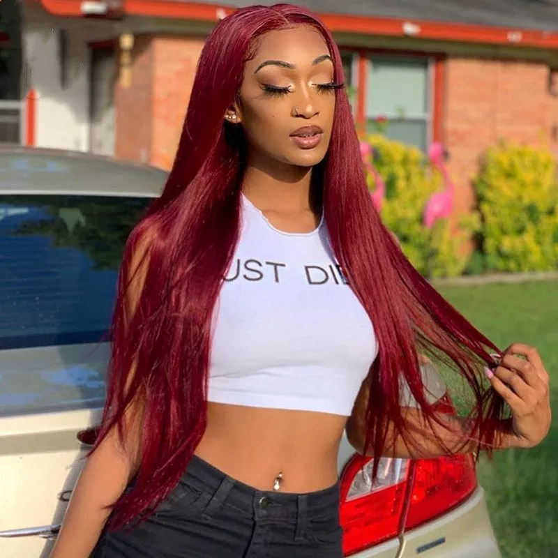 360 Lace Burgundy 99J Red Straight Long Preplucked Straight Brazilian Human Hair Wigs