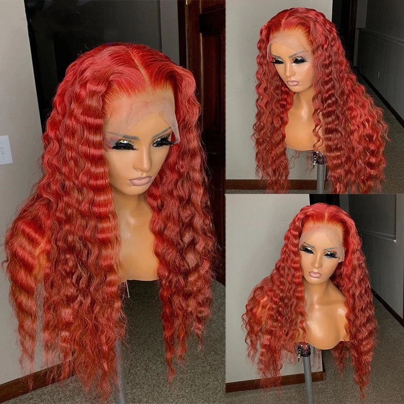 Red Deep Wave Wavy Full Lace Human Hair Wig Brazilian Virgin Curly Lace Front Deep Part Full Lace Wig