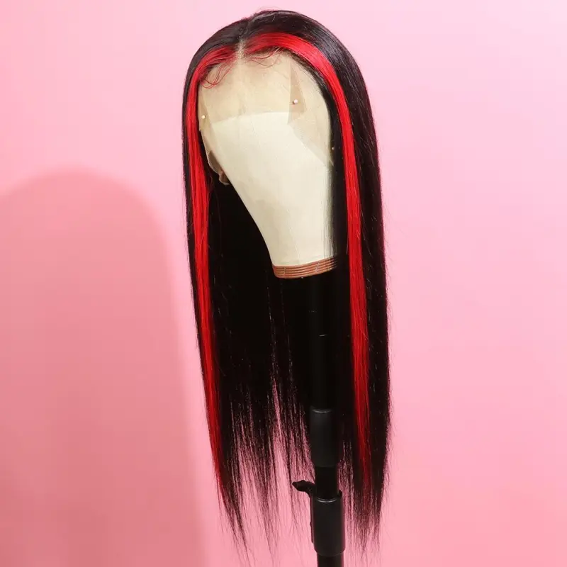 Highlight Red Human Black Ombre Red Lace Front Wigs Long Straight Remy Hair for Women