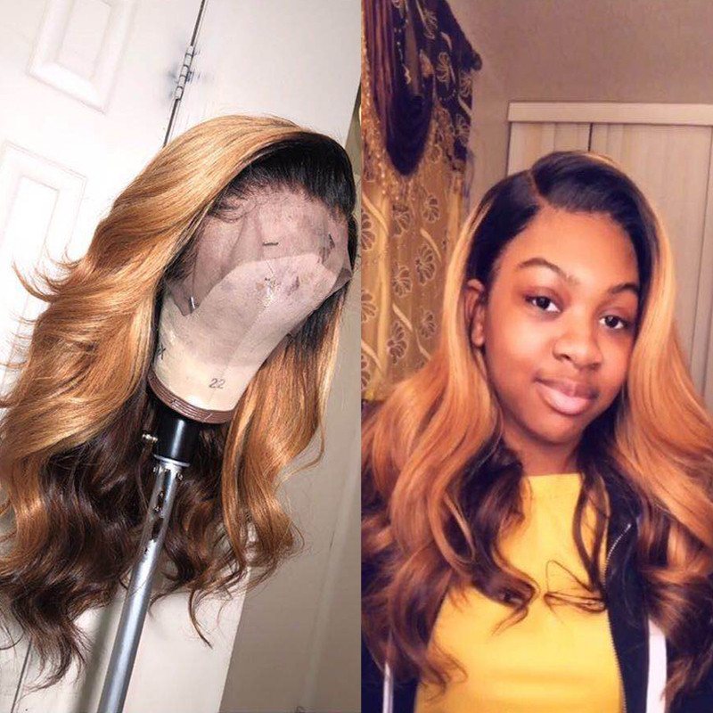 Human Virgin Hair Ombre Honey Blonde Pre Plucked Lace Front Wig For Black Woman
