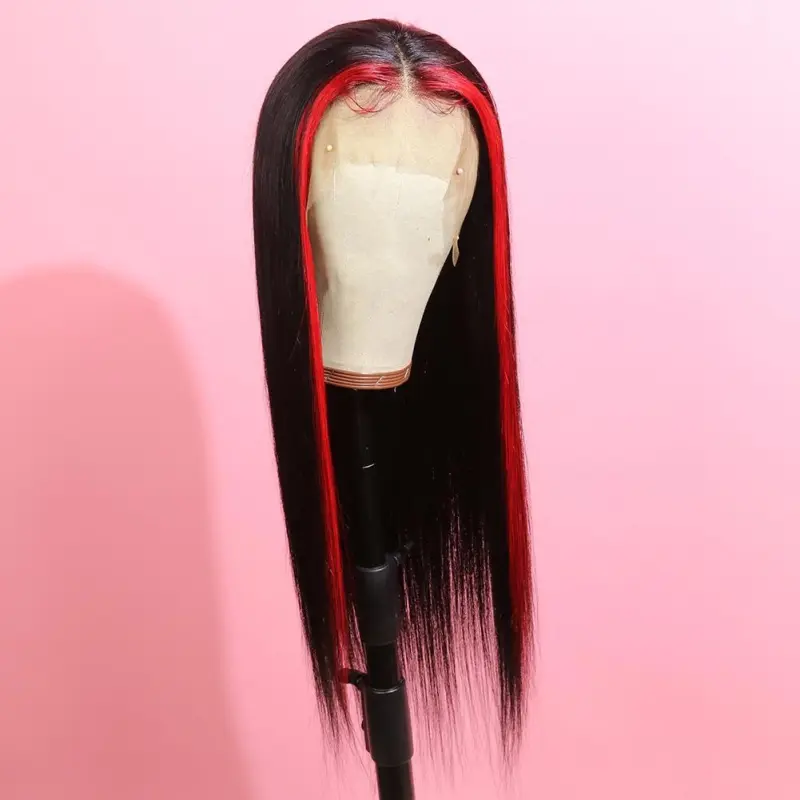 Highlight Red Human Black Ombre Red Lace Front Wigs Long Straight Remy Hair for Women