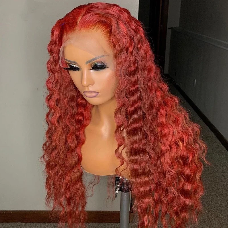 Red Deep Wave Wavy Full Lace Human Hair Wig Brazilian Virgin Curly Lace Front Deep Part Full Lace Wig