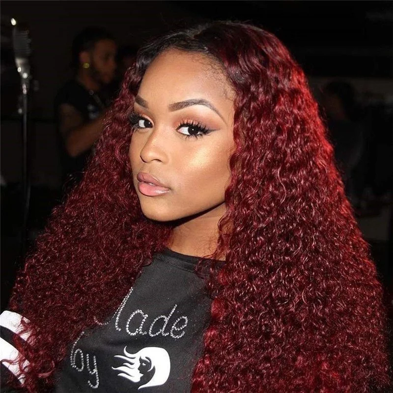 1B/99J Hair Ombre Wine Red Color Two Tone Lace Front Wigs Curly Hair Glueless Lace Wig Wet and Wavy Long Loose Curly