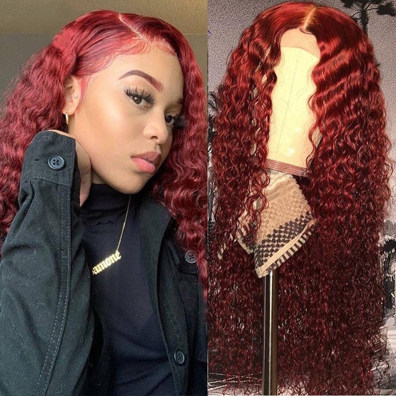 99J Curly Wave Lace Front Wig Human Hair Wig Burgundy Colored Human Hair Curly Wigs