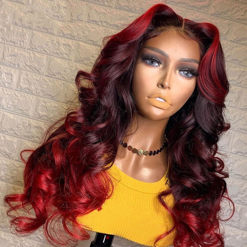 Red Color Lace Front Human Hair Wigs Ombre Red Highlight Burgundy Full Lace Wig