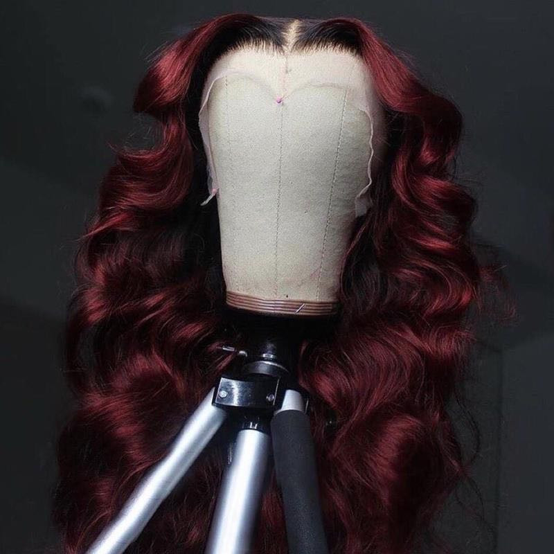 Human Virgin Hair Pre Plucked 99J Ombre Wave Lace Front Wig And 13x4x1 T Part Lace Wig For Black Woman-ffcc1d