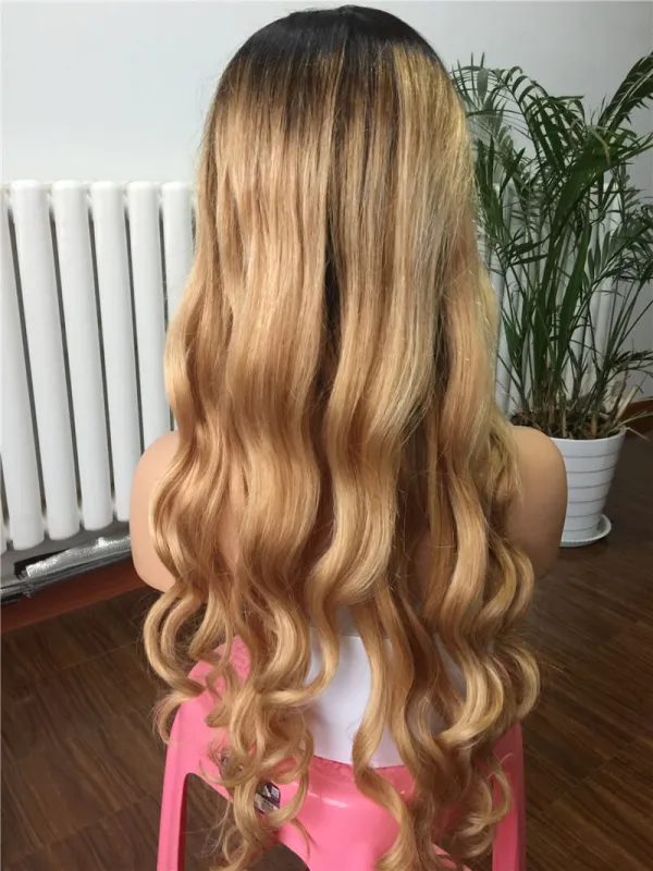 Human Virgin Hair 4 T 27 Ombre Honey Blonde Color Pre Plucked Lace Front Wig For Black Woman