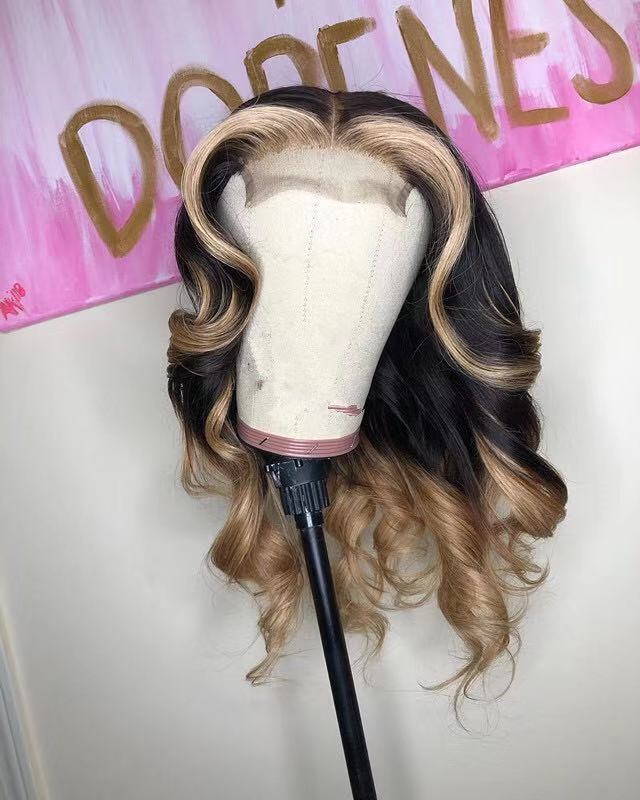 Human Virgin Hair Wavy Ombre Blonde 1b T 27 Pre Plucked Lace Front Wig For Black Woman