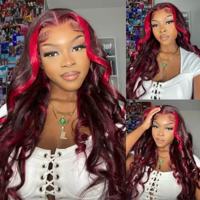 Highlight Ombre Lace Frontal Wigs Dark Burgundy With Rose Red Highlights 13x4 Lace Front Straight Loose Wave Wig 150% Density