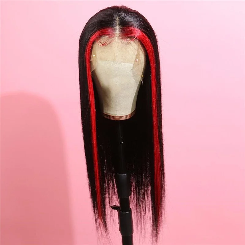 Highlight Red Human Black Ombre Red Lace Front Wigs Long Straight Remy Hair for Women