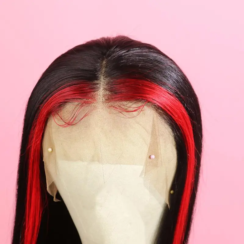 Highlight Red Human Black Ombre Red Lace Front Wigs Long Straight Remy Hair for Women