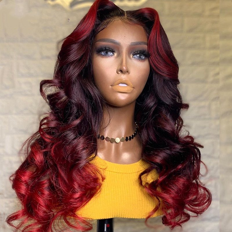 Red Color Lace Front Human Hair Wigs Ombre Red Highlight Burgundy Full Lace Wig