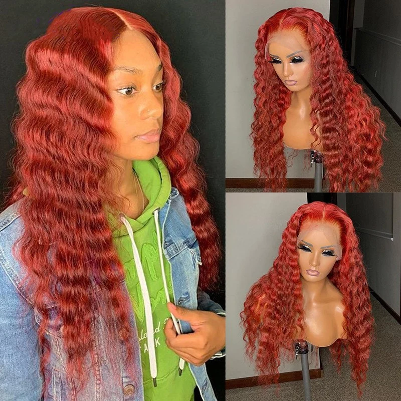 Red Deep Wave Wavy Full Lace Human Hair Wig Brazilian Virgin Curly Lace Front Deep Part Full Lace Wig