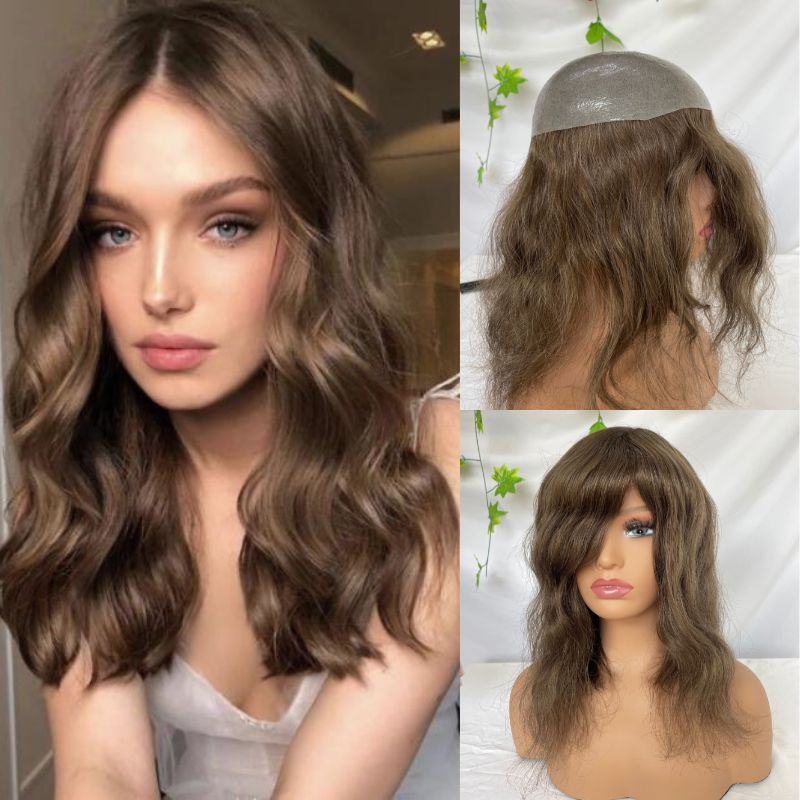 Woman Toupee 12 Inch Long Toupee for Woman and Man European Human Hair Light Brown  V-loop Super  Full PU Skin Base Hair System #4 Color