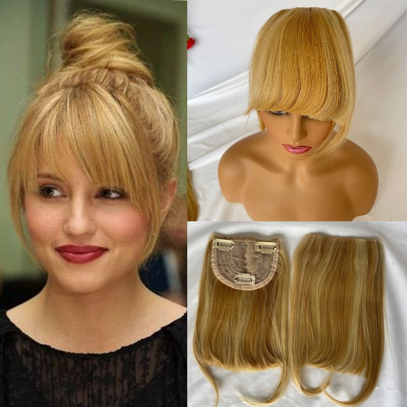 100% Human Hair Bangs Clip in Hair Extensions 27P 613 Clip on Bangs Full Fringe Short Straight Hair with Temples Hairpieces for Women Curved Bangs for Daily Wear 6-8 Inch