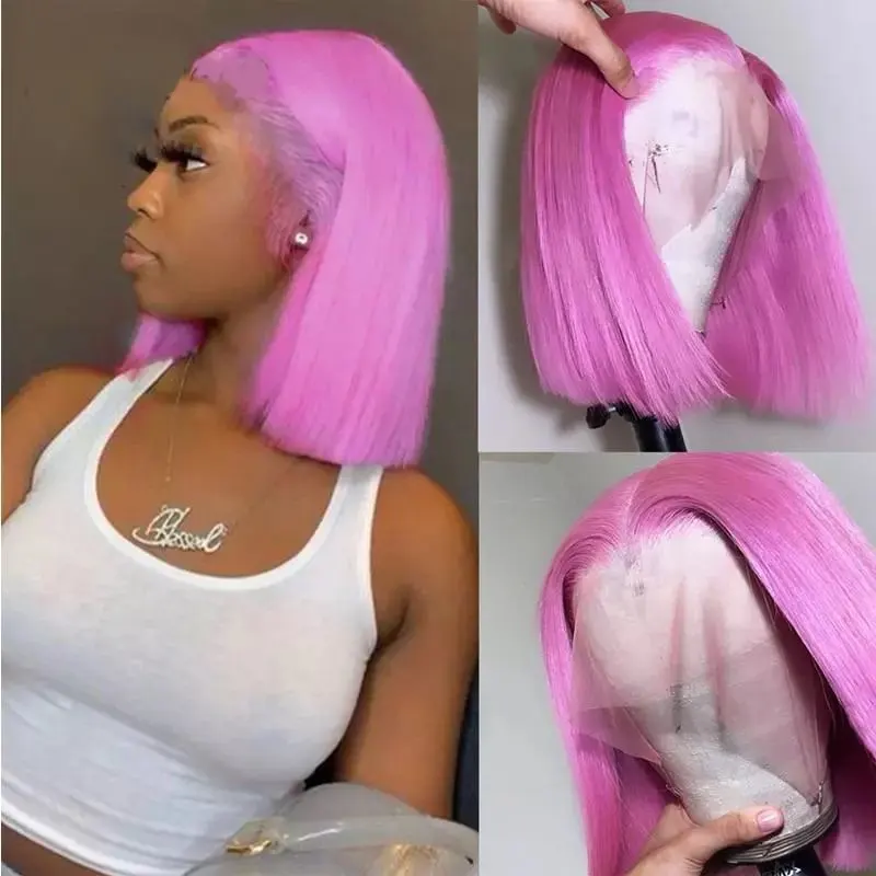 Pink Human Hair Wig Brazilian Remy Colored Human Hair Wigs For Women Pre Plucked Pink Bob Wig Part Lace Transparent Lace Wigs
