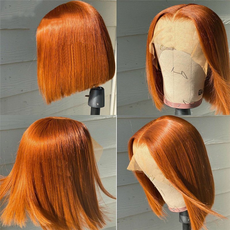 Orange Ginger Blunt Cut Summer Human Hair Lace Front Wigs Blunt Bob Cut Orange Preplucked Lace Frontal Wigs