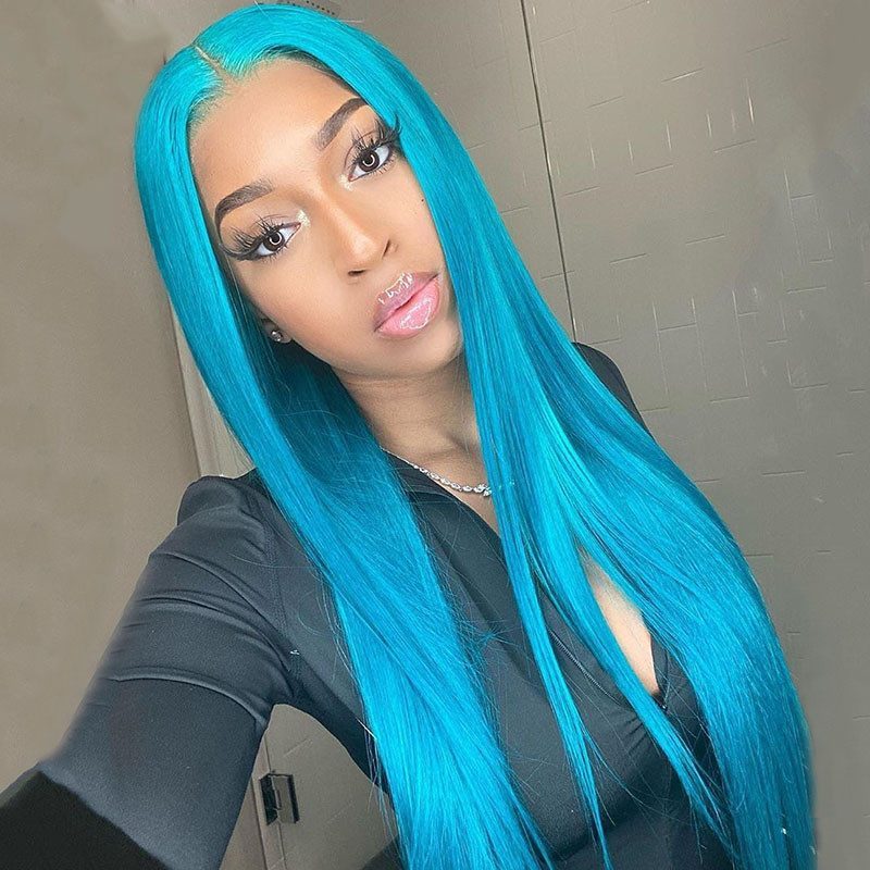 Light Blue Human Hair Wigs For Women Brazilian Remy Transparent Lace Wigs Long Straight Lace Front Wig Blue Colored Wigs 180