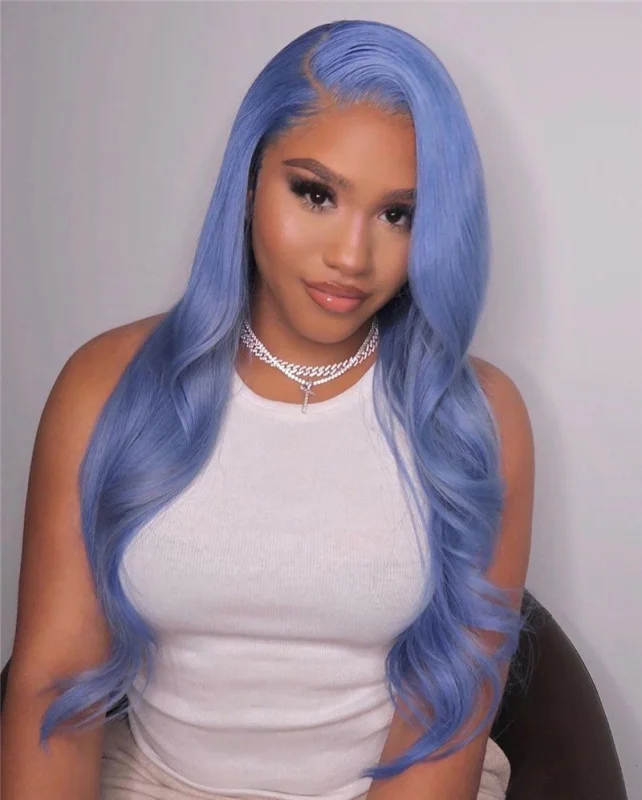 Water Blue Body Wave Light Blue Wavy Human Hair Wig Lace Front