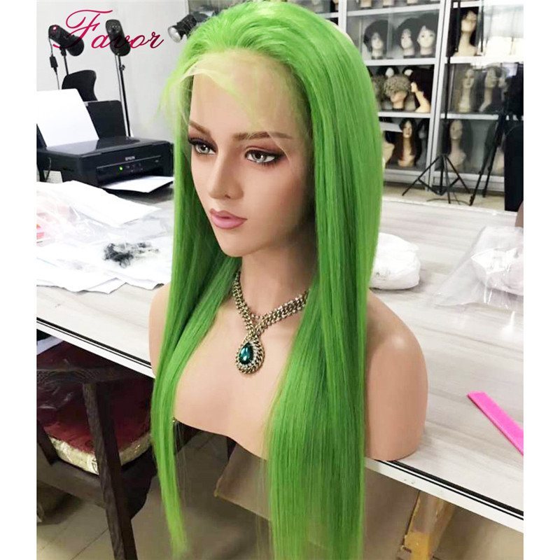 Brazilian 13x4 Pink GreenTransparent Lace Front Human Hair Wig Remy Straight Hair Wig 180% Density