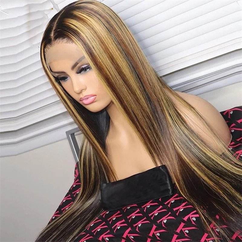 Ombre Highlight Human Hair Wigs For Women Straight Lace Front Wig Brown Honey Blonde Highlight Wig Brazilian Remy Lace Part Wig