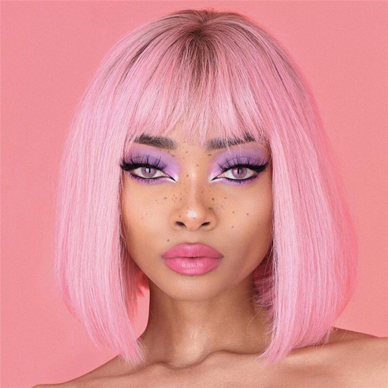 Lace Front Human Hair Wigs With Bangs Brazilian Remy Glueless Ombre Pink Short Bob Wigs For Black Women