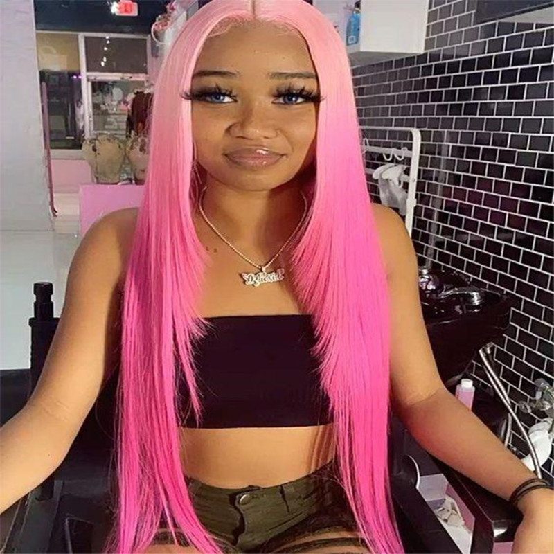 Pink Ombre Rose Pink Long Straight Lace Front13x4x1 T Part Lace wigs For Black Women
